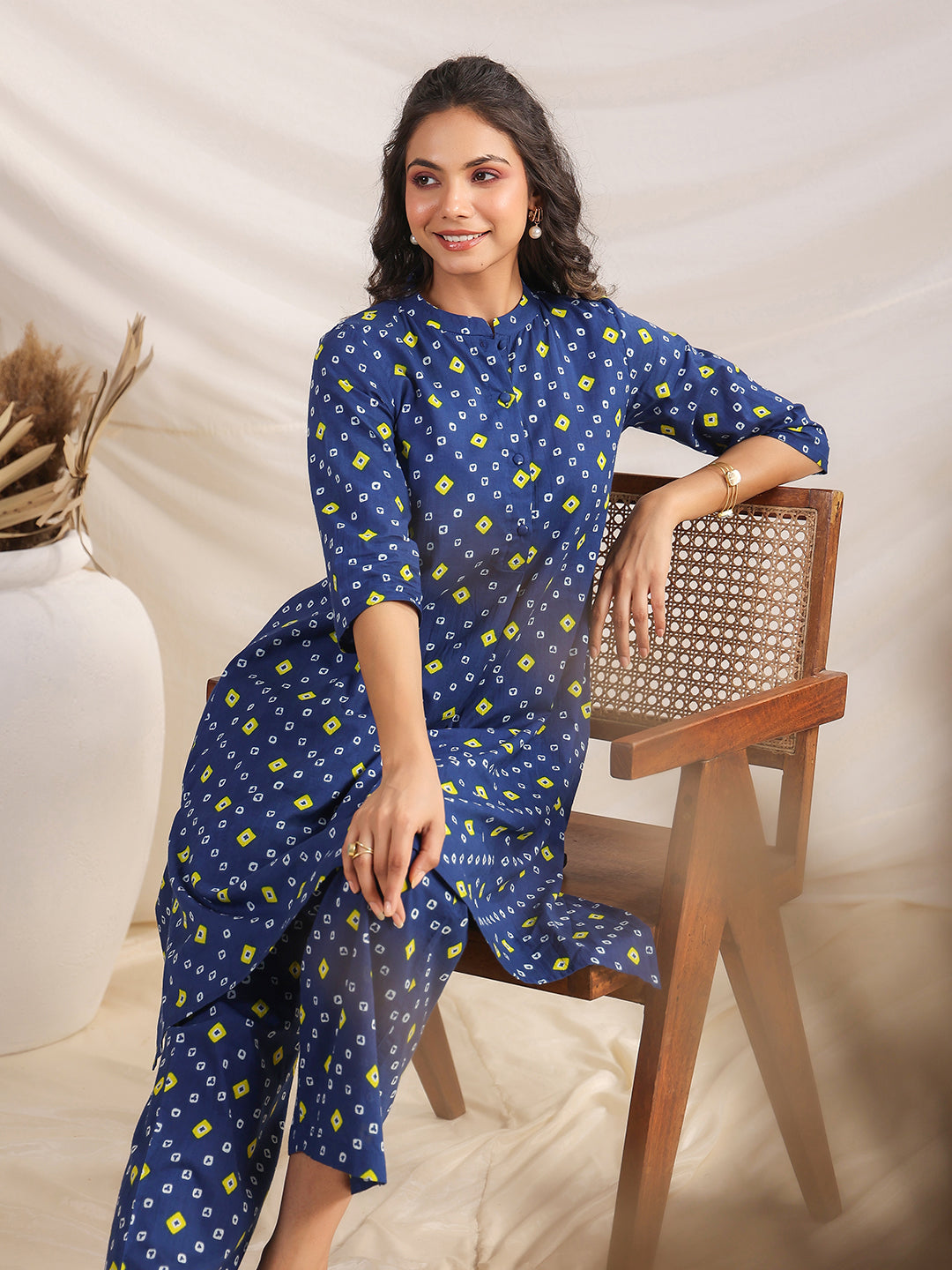 Blue Cotton Bandhani A-Line Co-ord Set  - By Janasya