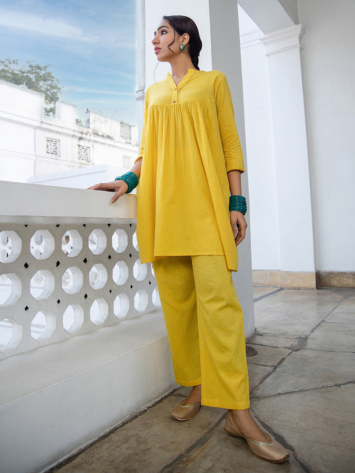 Yellow Cotton Jacquard Self Design Gathered Co-Ord Set  - By Janasya