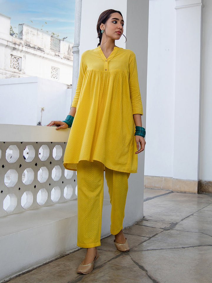 Yellow Cotton Jacquard Self Design Gathered Co-Ord Set  - By Janasya