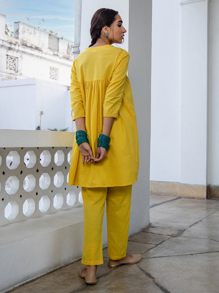 Yellow Cotton Jacquard Self Design Gathered Co-Ord Set  - By Janasya