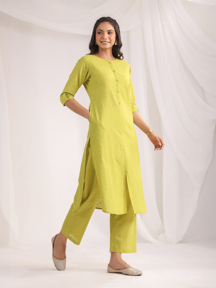 Green Cotton Jacquard Regular Co-ord Set  - By Janasya