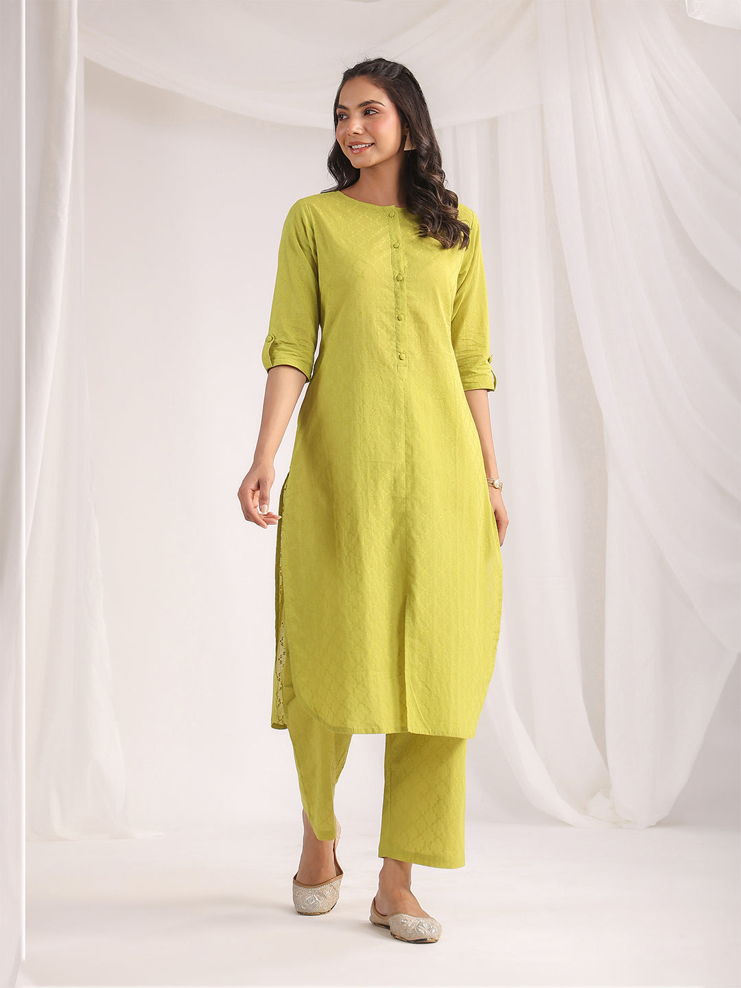 Green Cotton Jacquard Regular Co-ord Set  - By Janasya