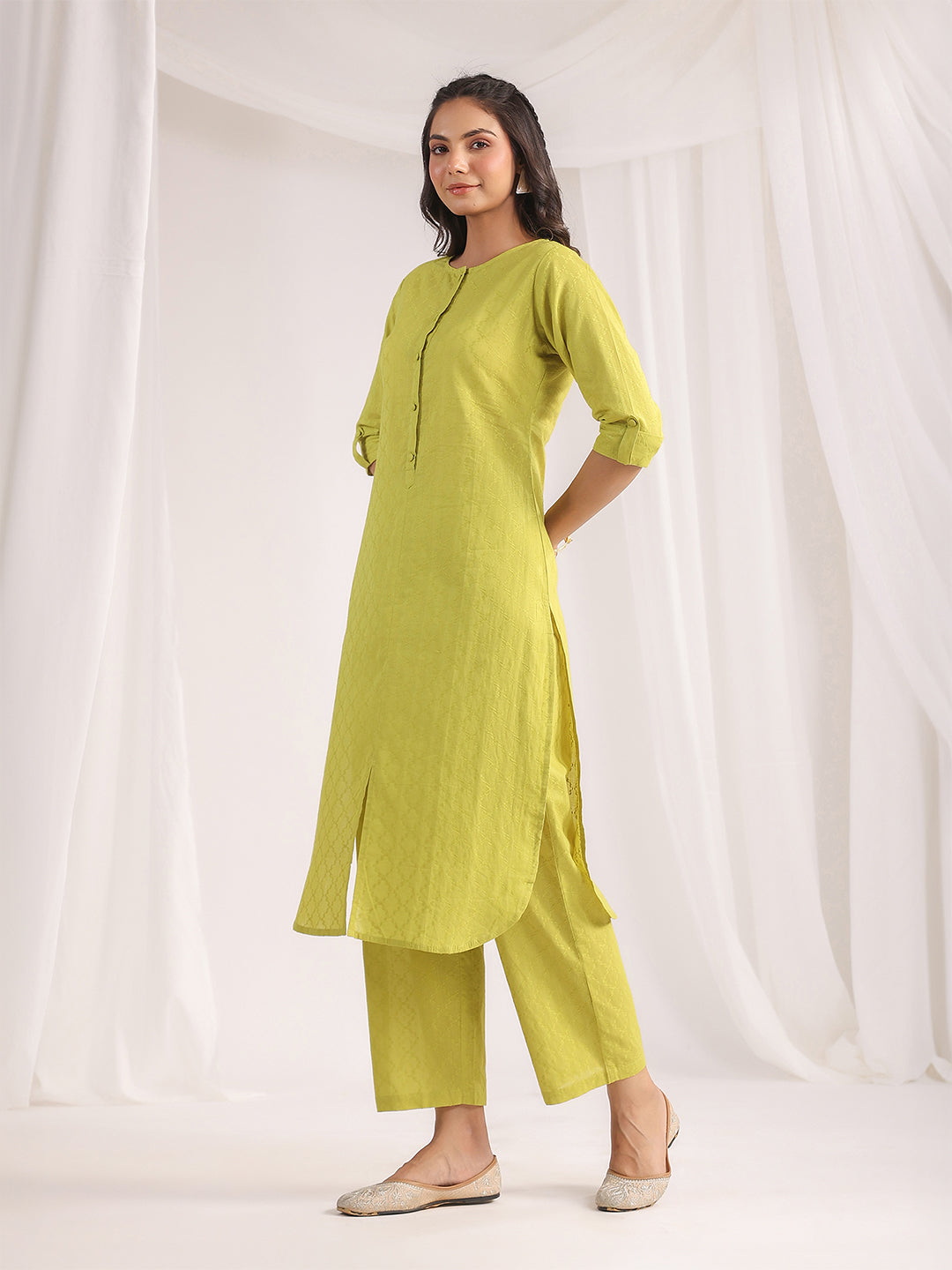 Green Cotton Jacquard Regular Co-ord Set  - By Janasya