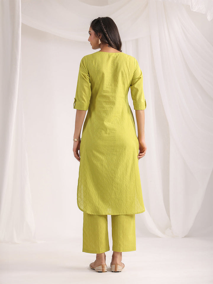 Green Cotton Jacquard Regular Co-ord Set  - By Janasya