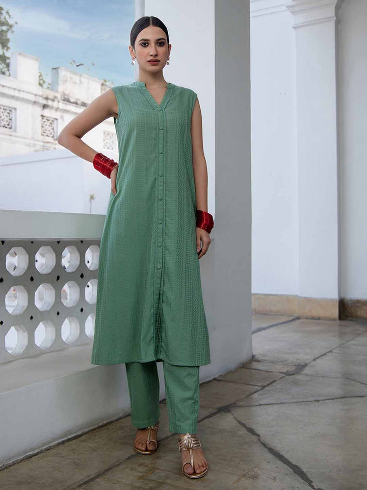 Sage Cotton Jacquard Self Design Straight Co-ord set  - By Janasya