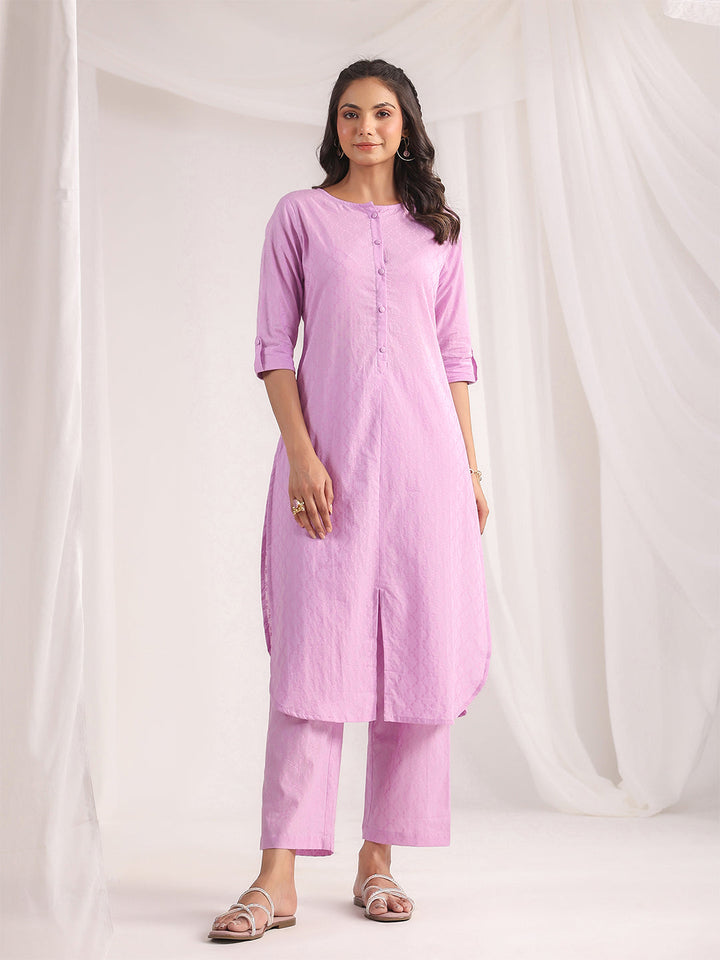 Lavender Cotton Jacquard Regular Co-ord Set  - By Janasya