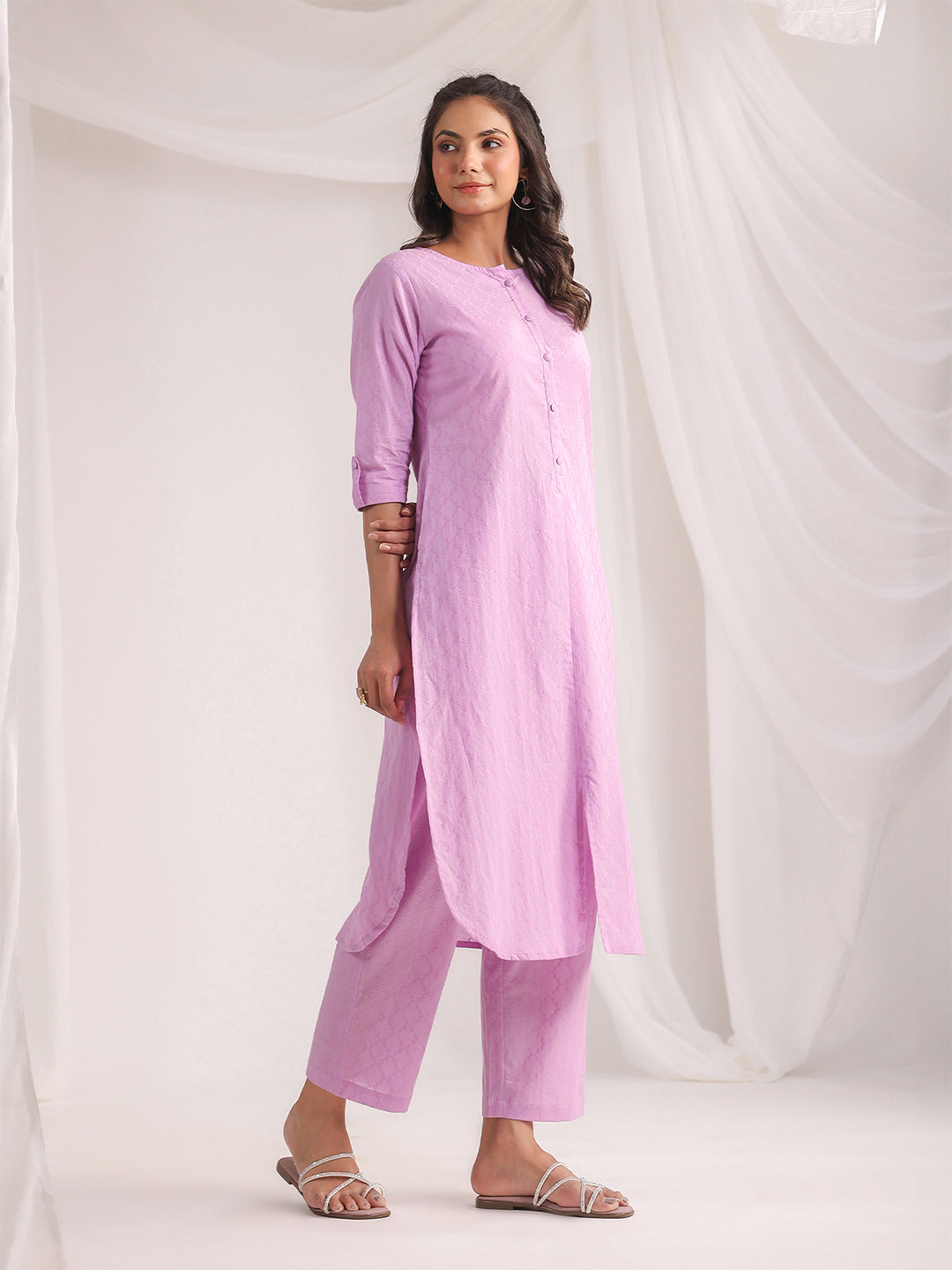 Lavender Cotton Jacquard Regular Co-ord Set  - By Janasya