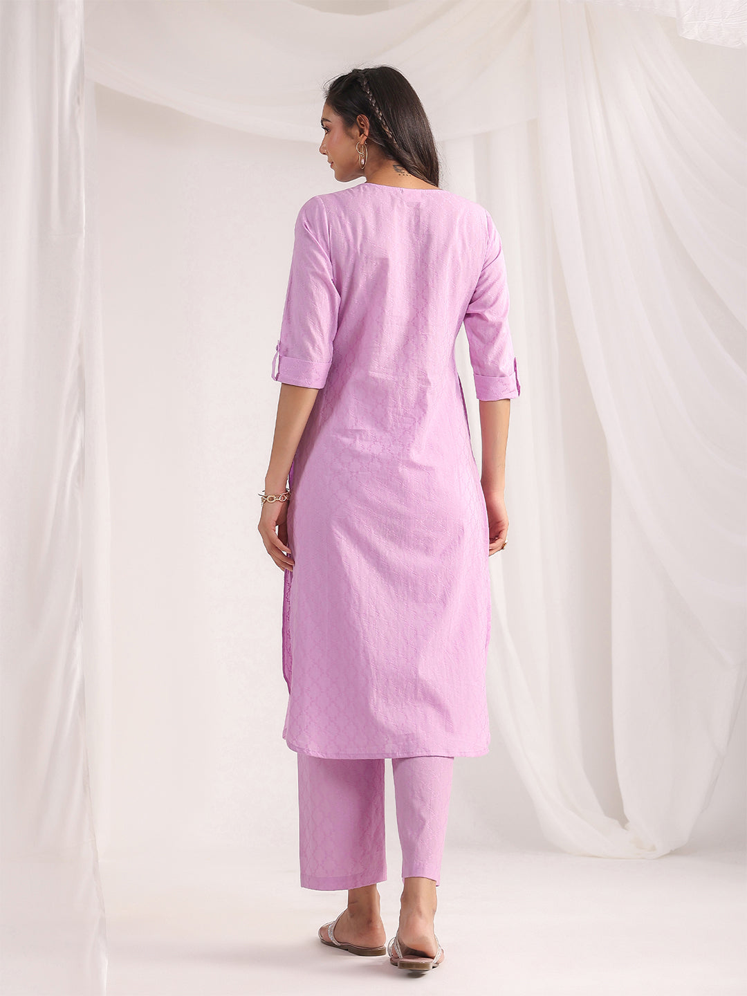 Lavender Cotton Jacquard Regular Co-ord Set  - By Janasya