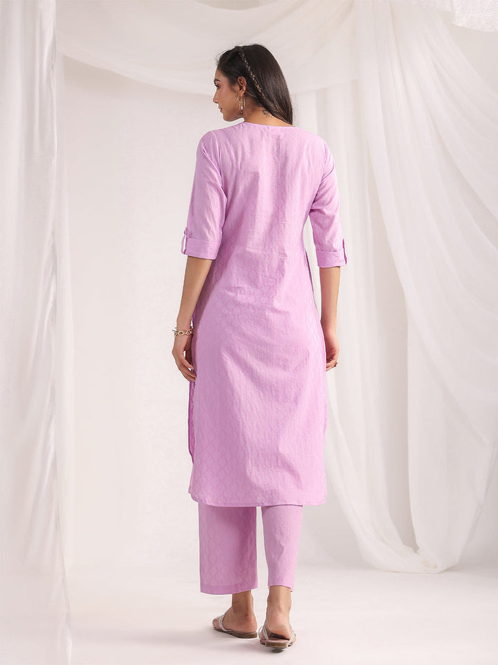 Lavender Cotton Jacquard Regular Co-ord Set  - By Janasya