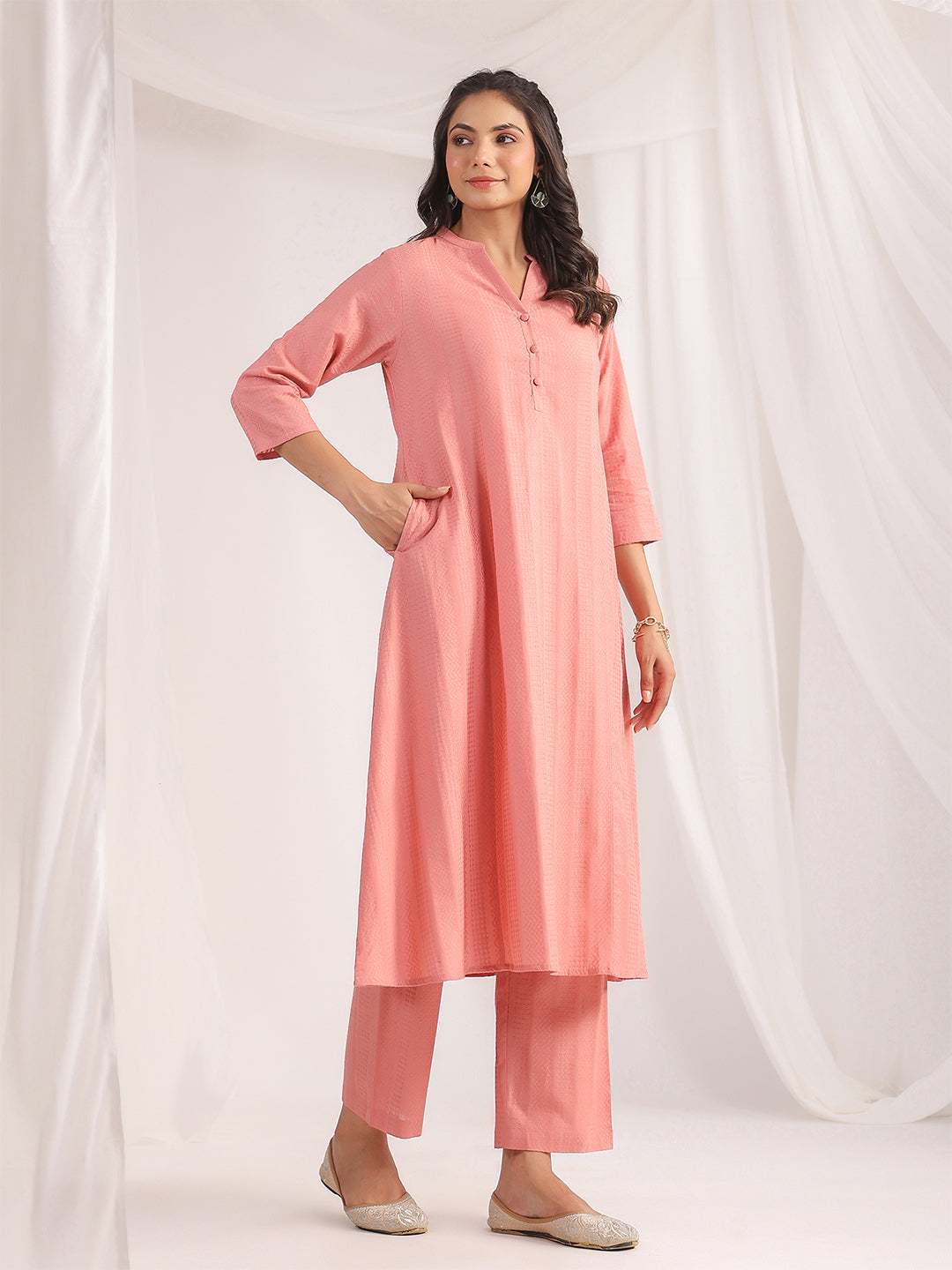 Pink Cotton Jacquard Self Design A-Line Co-Ord Set  - By Janasya