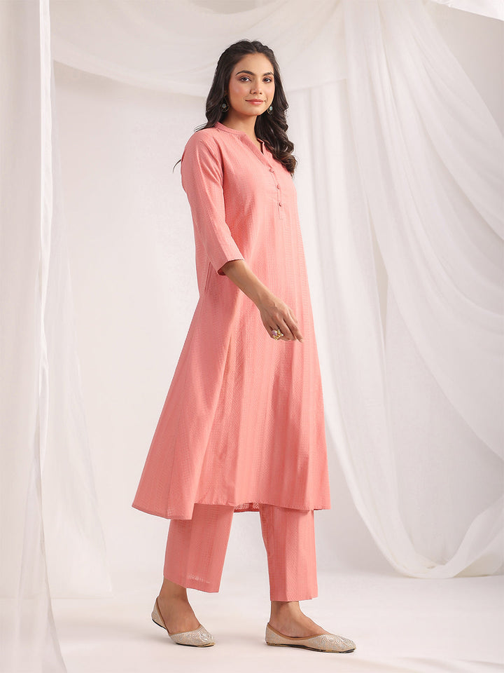 Pink Cotton Jacquard Self Design A-Line Co-Ord Set  - By Janasya