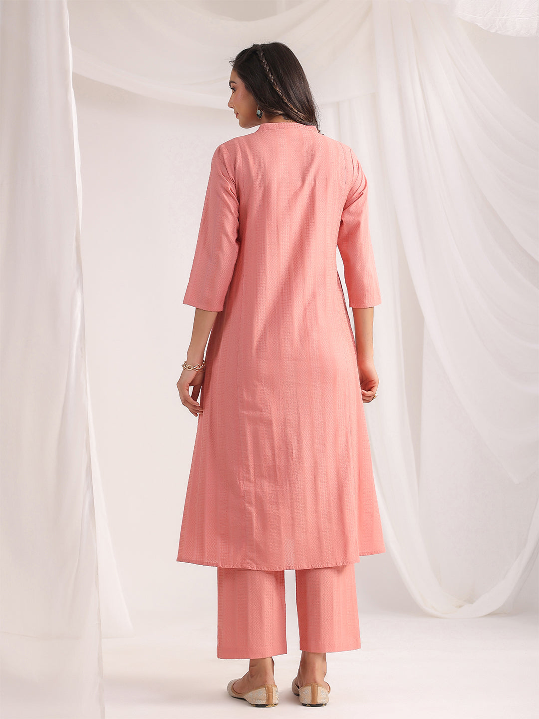 Pink Cotton Jacquard Self Design A-Line Co-Ord Set  - By Janasya