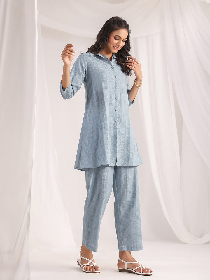 Light Blue Cotton Jacquard Self Design Shirt Co-ord Set  - By Janasya