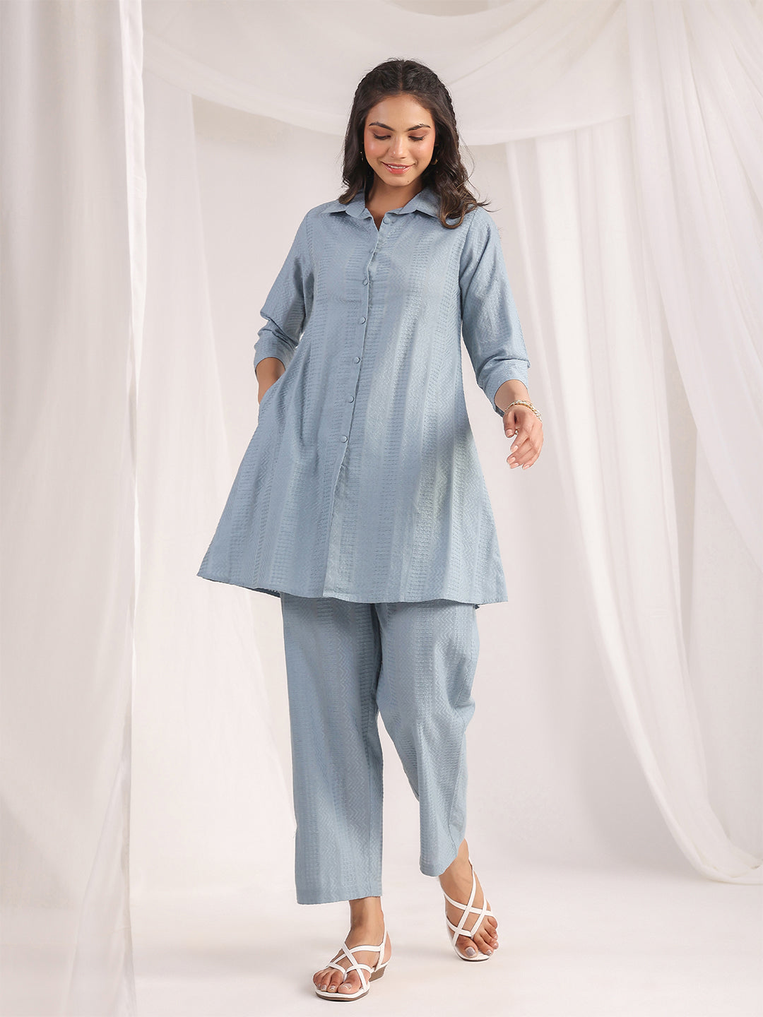 Light Blue Cotton Jacquard Self Design Shirt Co-ord Set  - By Janasya