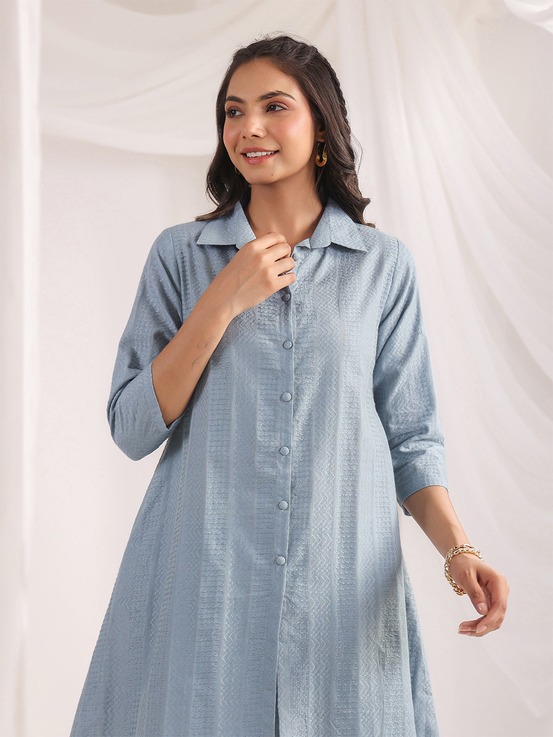 Light Blue Cotton Jacquard Self Design Shirt Co-ord Set  - By Janasya