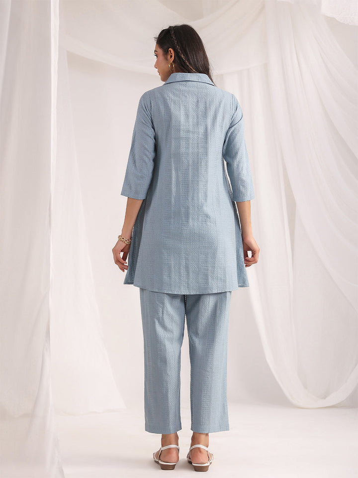 Light Blue Cotton Jacquard Self Design Shirt Co-ord Set  - By Janasya