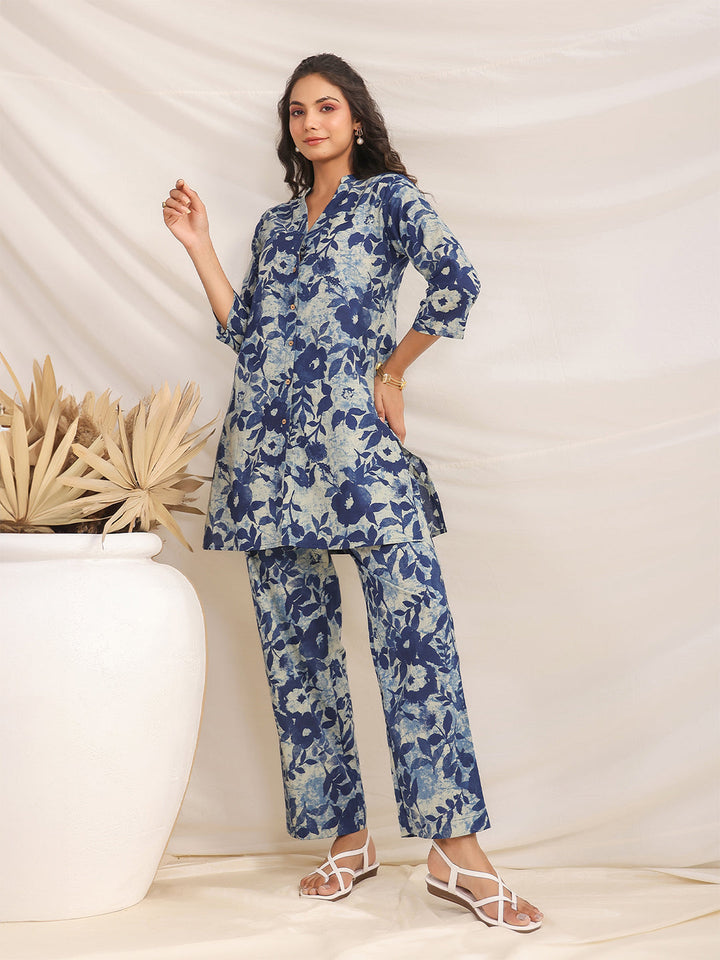 Indigo Cotton Floral Regular Co-ord Set  - By Janasya