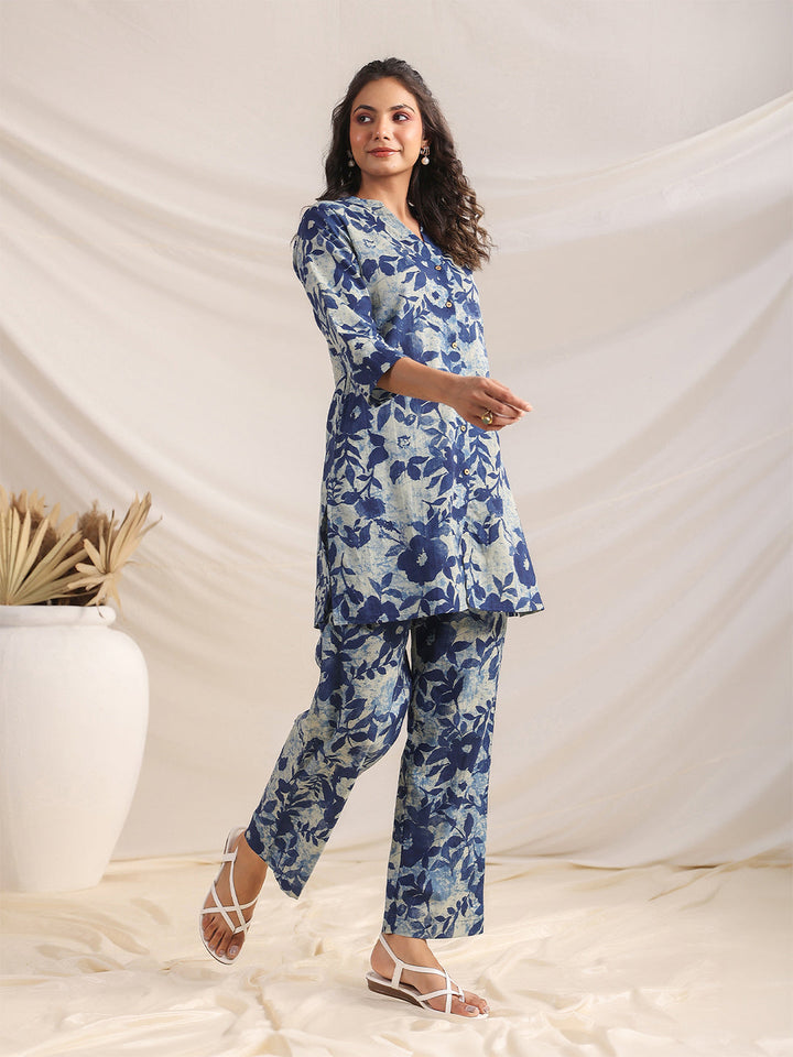 Indigo Cotton Floral Regular Co-ord Set  - By Janasya