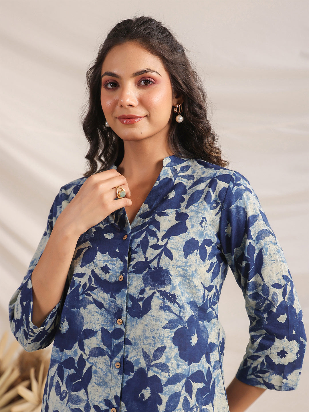 Indigo Cotton Floral Regular Co-ord Set  - By Janasya