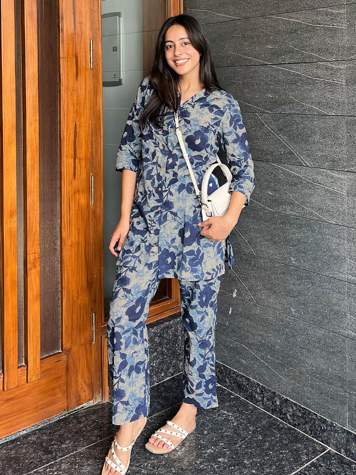 Indigo Cotton Floral Regular Co-ord Set  - By Janasya