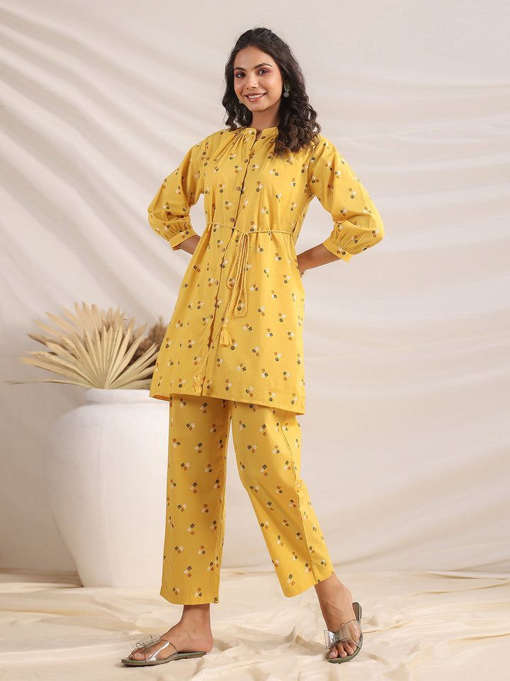 Mustard Cotton Bandhani A-Line Co-Ord Set  - By Janasya