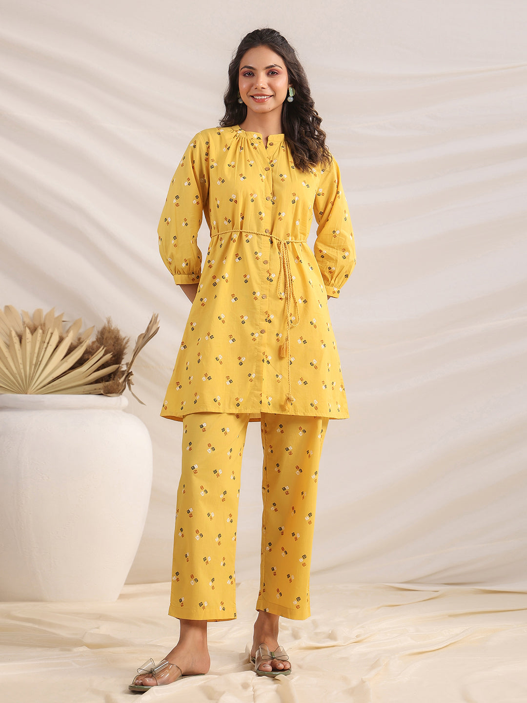 Mustard Cotton Bandhani A-Line Co-Ord Set  - By Janasya