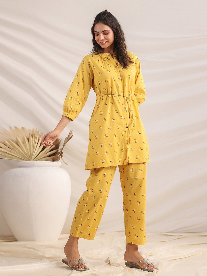 Mustard Cotton Bandhani A-Line Co-Ord Set  - By Janasya