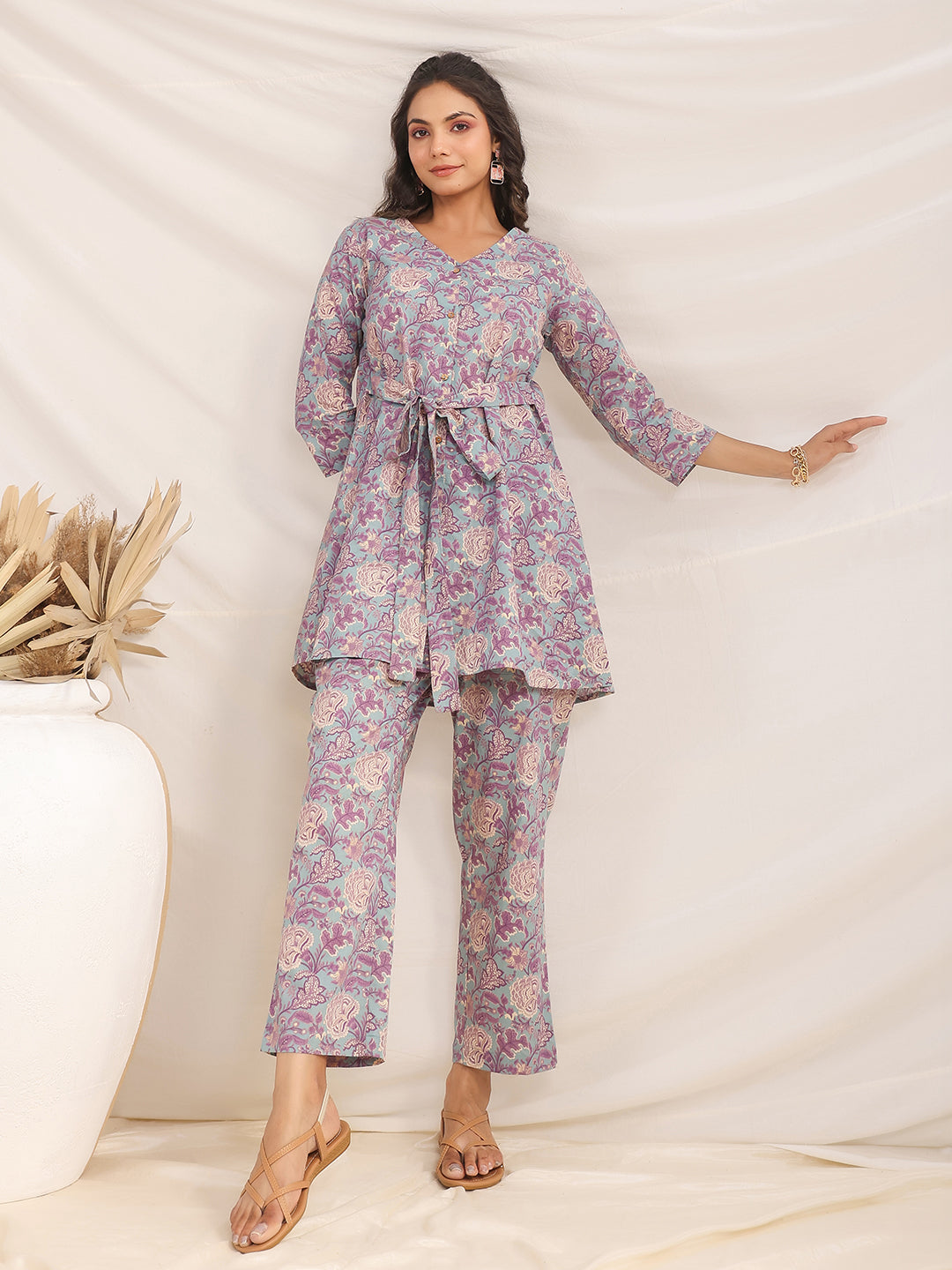 Light Blue Cotton Floral A-Line Co-ord Set  - By Janasya