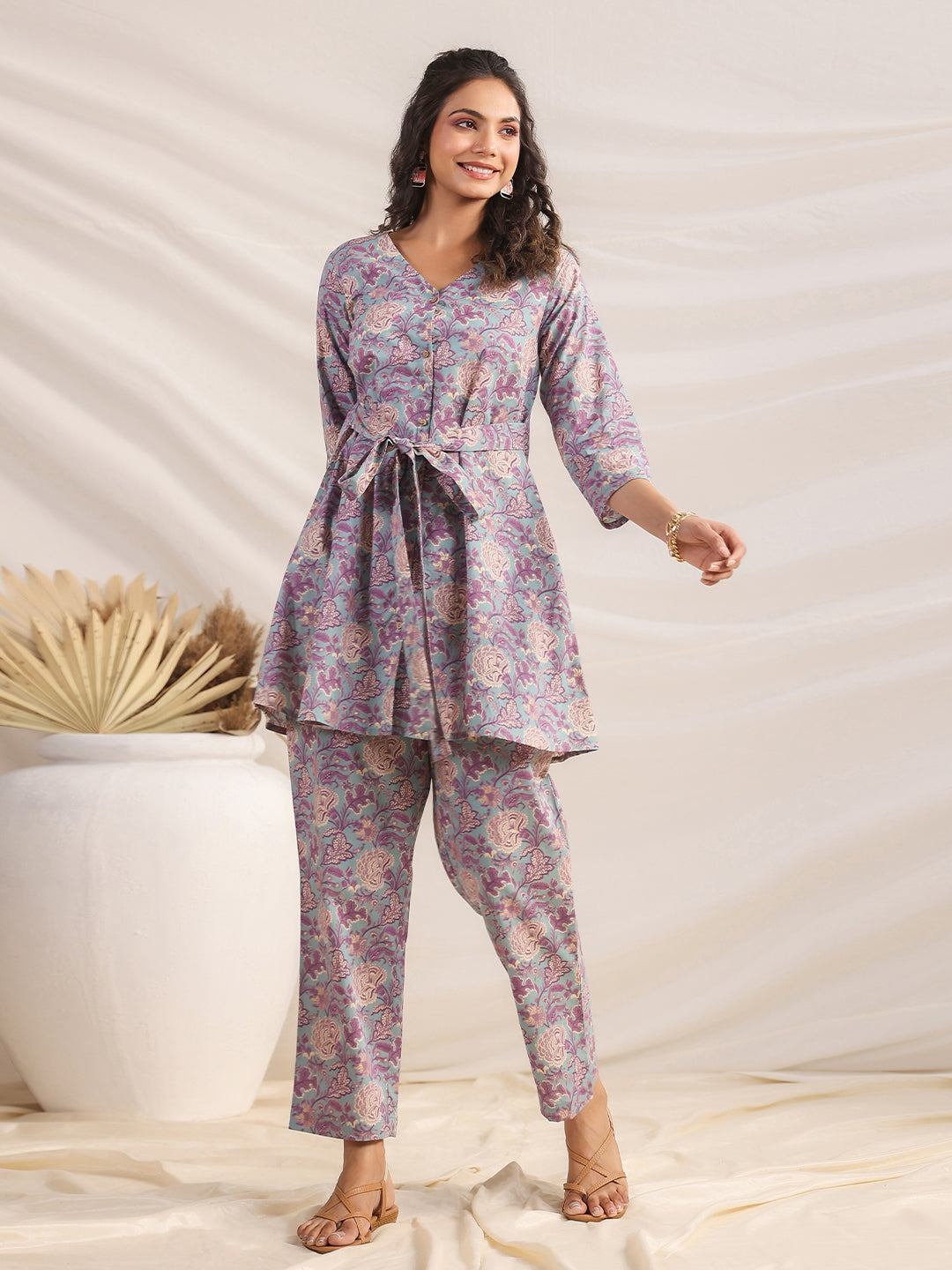 Light Blue Cotton Floral A-Line Co-ord Set  - By Janasya