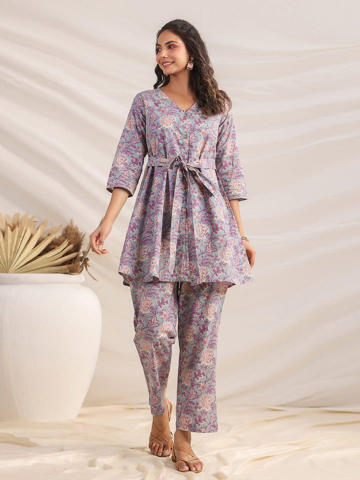 Light Blue Cotton Floral A-Line Co-ord Set  - By Janasya