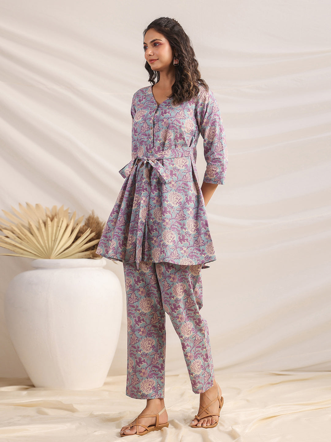 Light Blue Cotton Floral A-Line Co-ord Set  - By Janasya