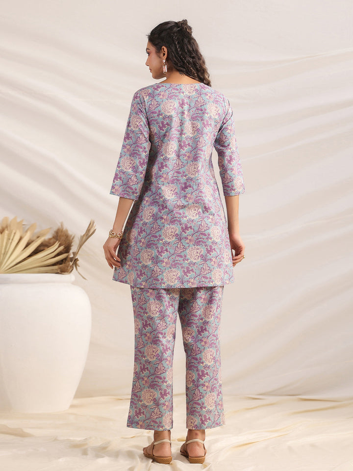 Light Blue Cotton Floral A-Line Co-ord Set  - By Janasya