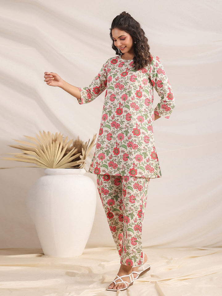 Off White Cotton Floral A-Line Co-ord Set  - By Janasya