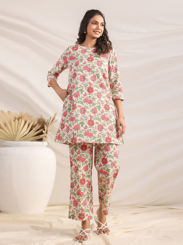 Off White Cotton Floral A-Line Co-ord Set  - By Janasya