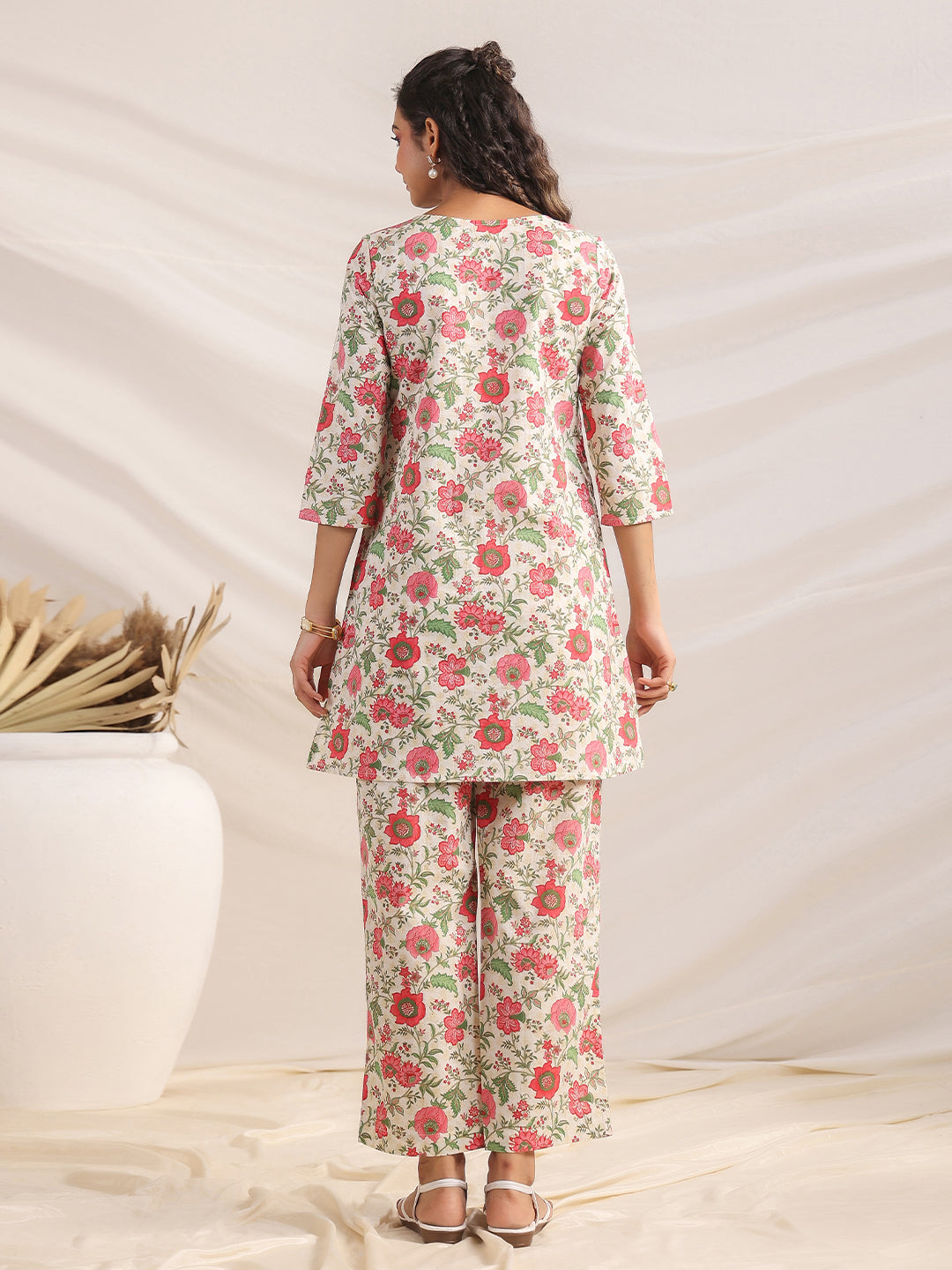 Off White Cotton Floral A-Line Co-ord Set  - By Janasya