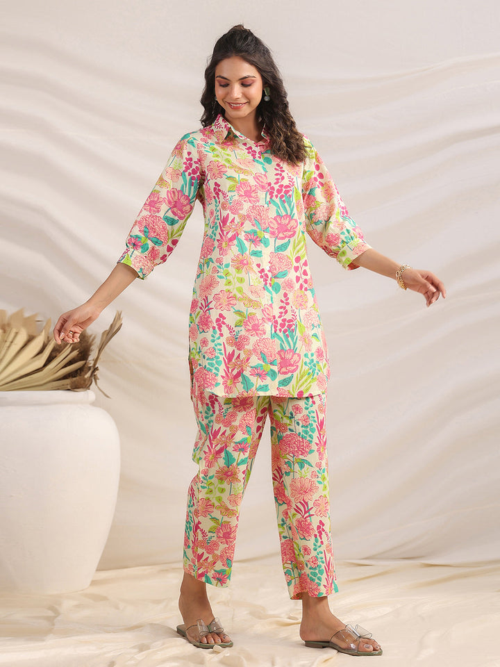 Multicolour Cotton Floral Regular Co-ord Set  - By Janasya