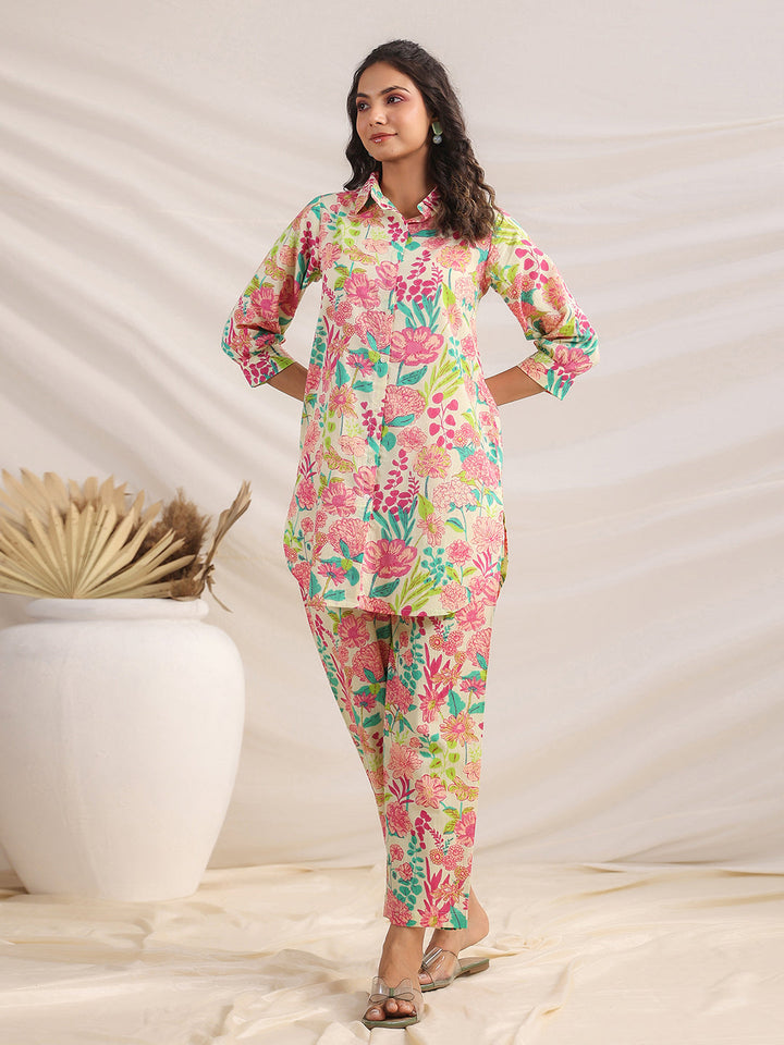 Multicolour Cotton Floral Regular Co-ord Set  - By Janasya