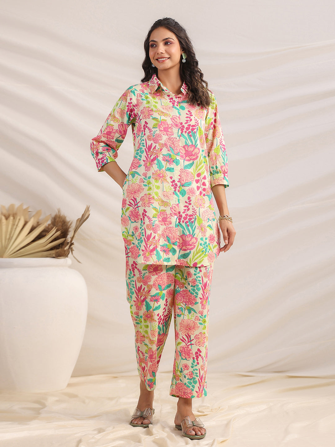 Multicolour Cotton Floral Regular Co-ord Set  - By Janasya