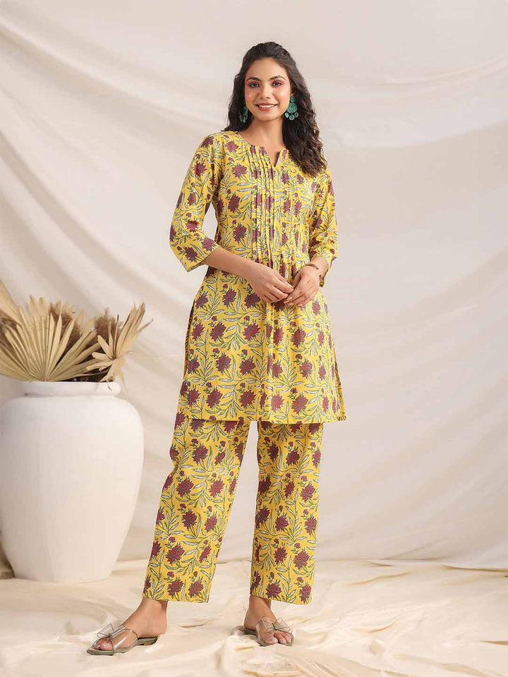 Yellow Cotton Floral Pleated Co-ord Set  - By Janasya