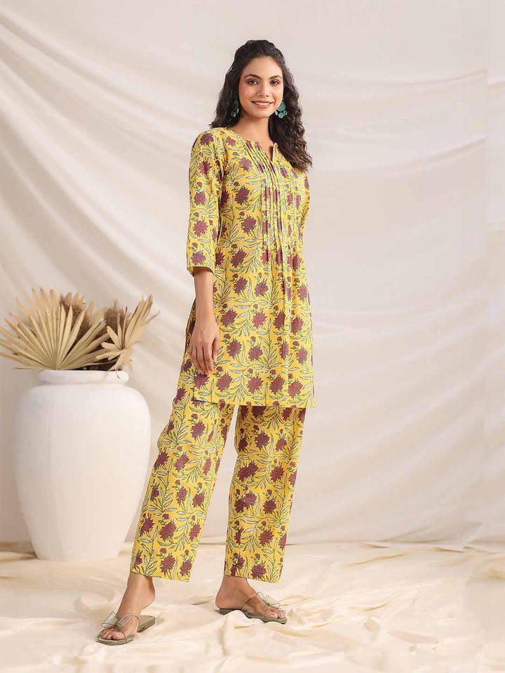 Yellow Cotton Floral Pleated Co-ord Set  - By Janasya