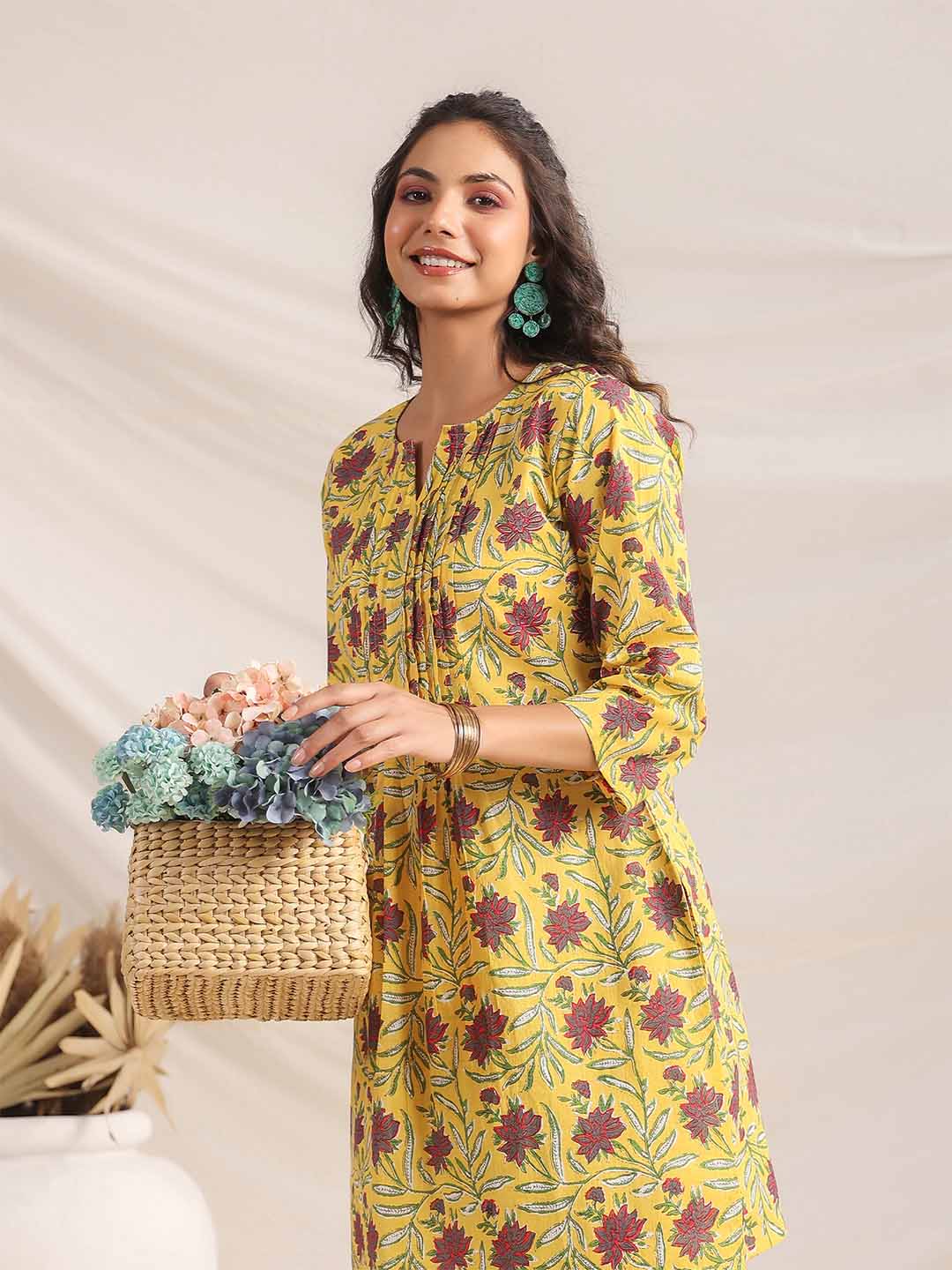 Yellow Cotton Floral Pleated Co-ord Set  - By Janasya