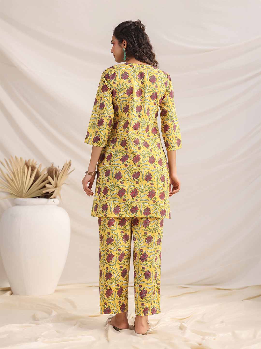 Yellow Cotton Floral Pleated Co-ord Set  - By Janasya