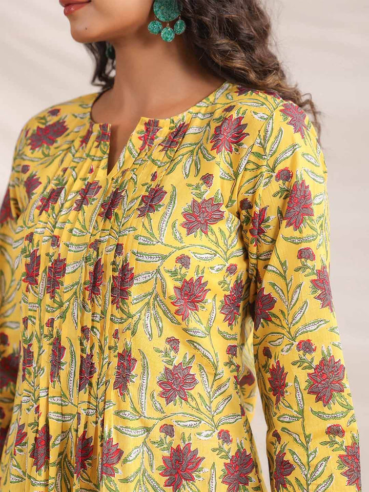 Yellow Cotton Floral Pleated Co-ord Set  - By Janasya