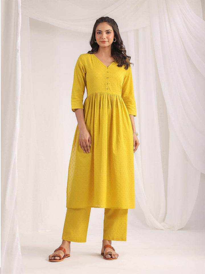 Yellow Dobby Cotton Self Design Co-ord Set  - By Janasya