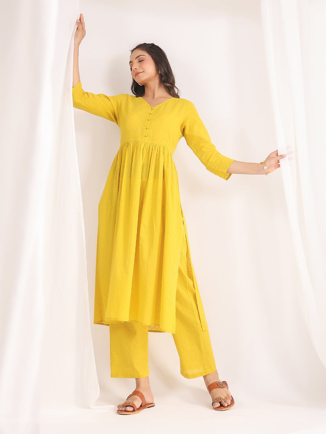 Yellow Dobby Cotton Self Design Co-ord Set  - By Janasya