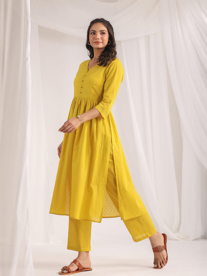 Yellow Dobby Cotton Self Design Co-ord Set  - By Janasya