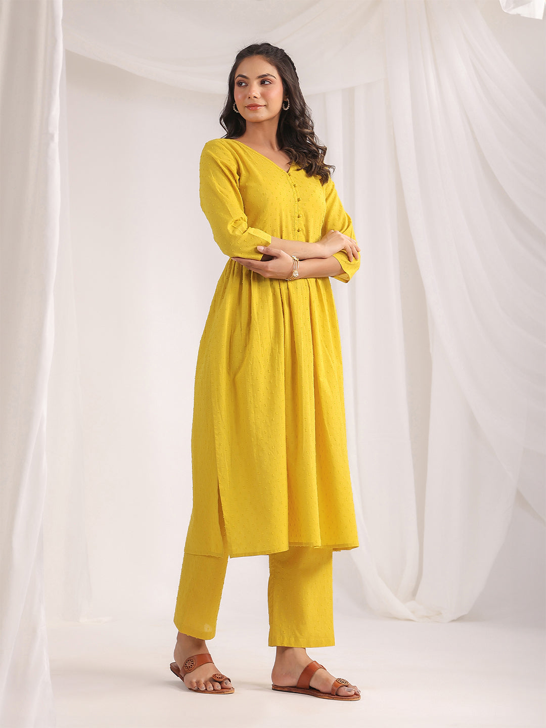 Yellow Dobby Cotton Self Design Co-ord Set  - By Janasya