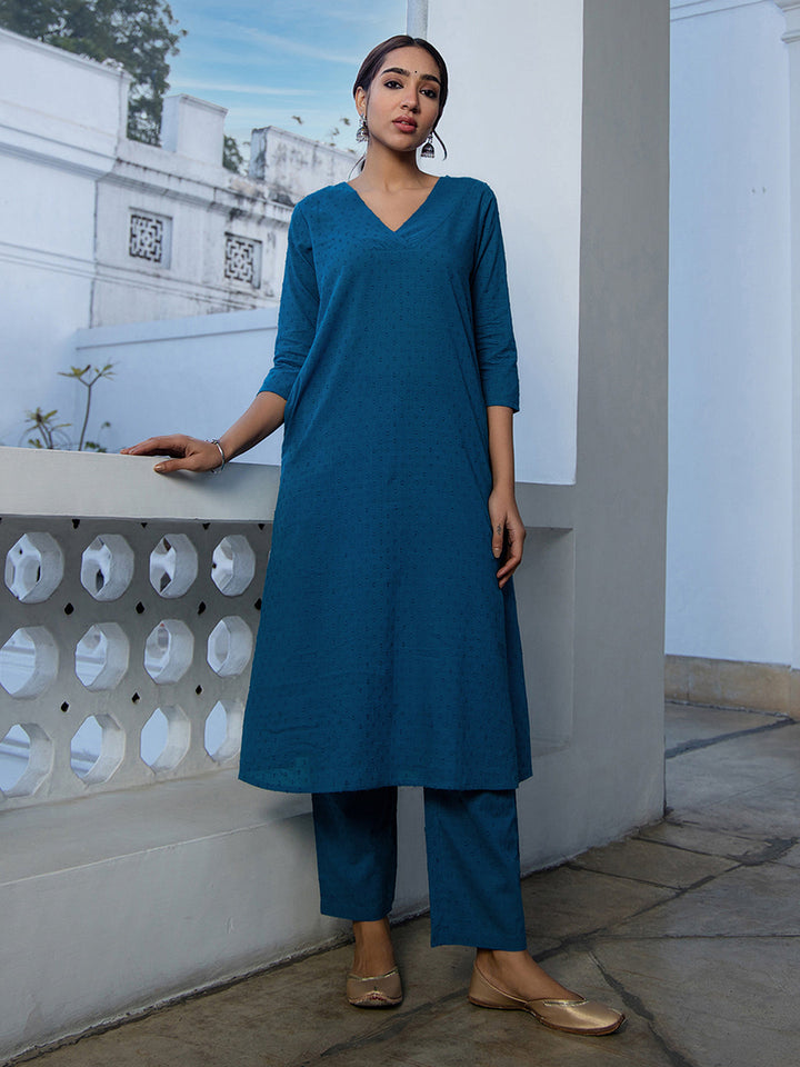 Teal Dobby Cotton Self Design A-Line Co-ord Set  - By Janasya