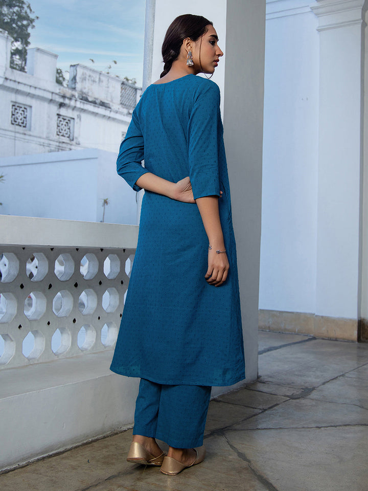 Teal Dobby Cotton Self Design A-Line Co-ord Set  - By Janasya