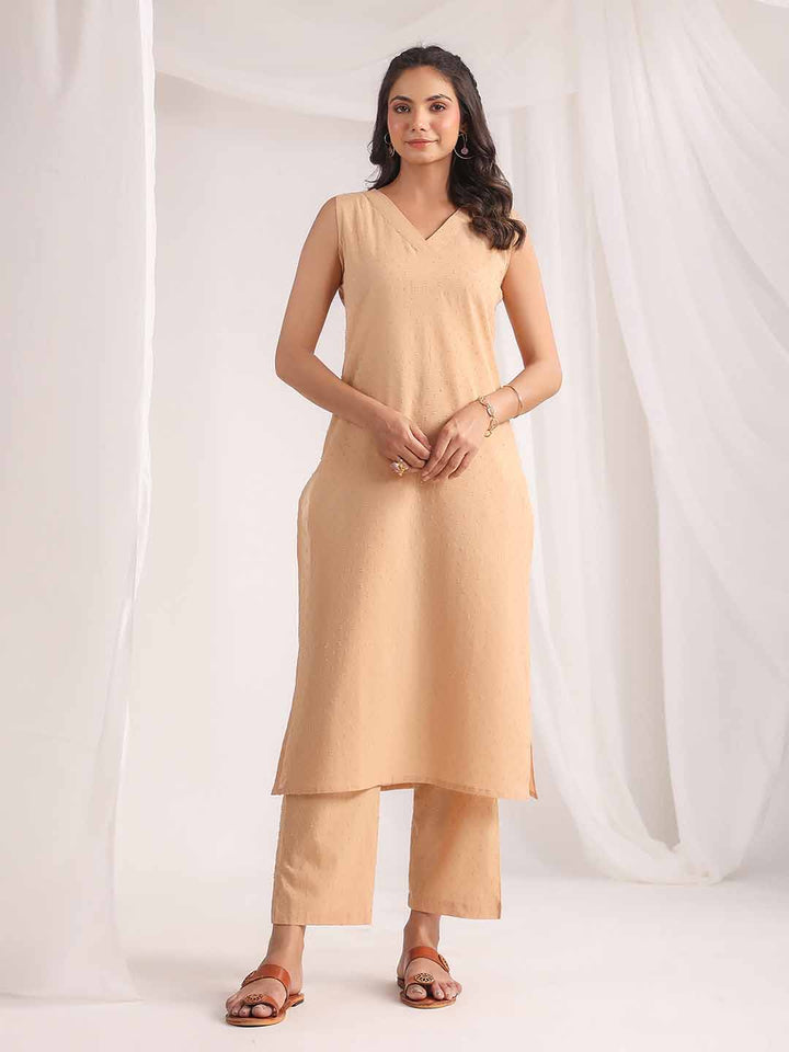 Beige Cotton Self Design Regular Co-ord Set  - By Janasya